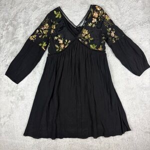 Black Floral Embroider Dress Long Sleeve‎ V Neck Forest Fairy Whimsigoth Women L